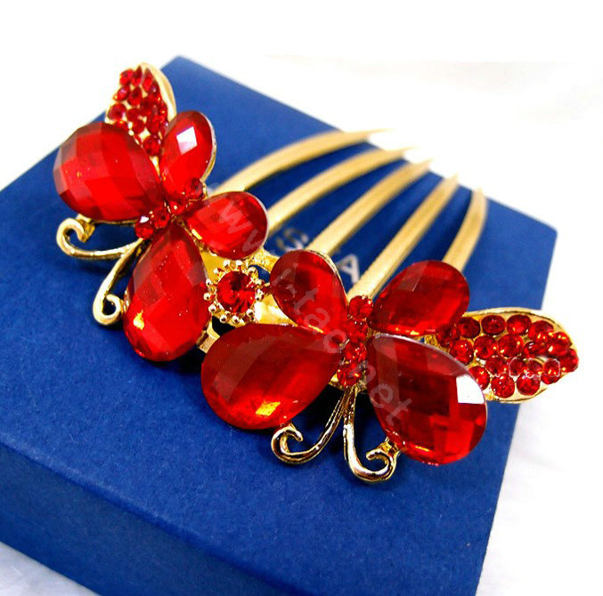 Wedding Hairpins bridal hair jewelry crystal rhinestone red butterfly hair Combs