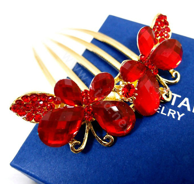 Wedding Hairpins bridal hair jewelry crystal rhinestone red butterfly hair Combs