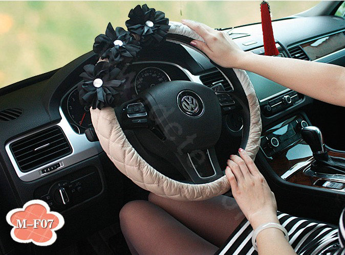 Auto Car Steering Wheel Cover Black Flower Nylon shioze Diameter 15 inch 38CM - Beige