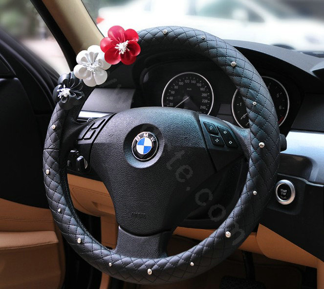 Auto Car Steering Wheel Cover Floral Imitation sheepskin Diameter 15 inch 38CM - Black