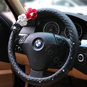 Auto Car Steering Wheel Cover Floral Imitation sheepskin Diameter 15 inch 38CM - Black