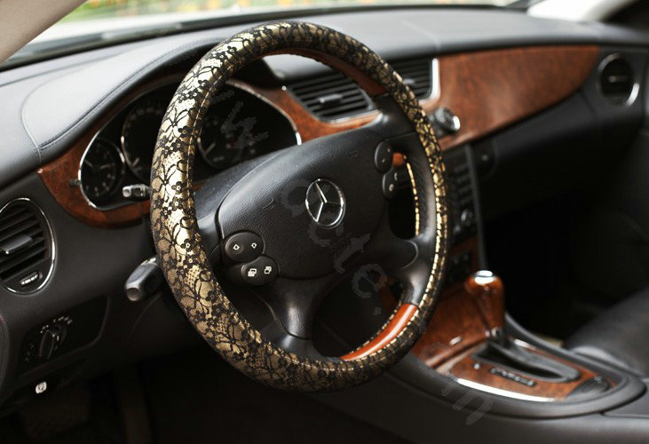 Auto Car Steering Wheel Cover Floral Lace Polyester Diameter 14 inch 36CM - Gold