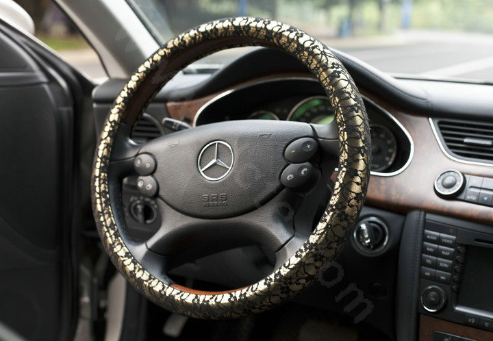 Auto Car Steering Wheel Cover Floral Lace Polyester Diameter 14 inch 36CM - Gold