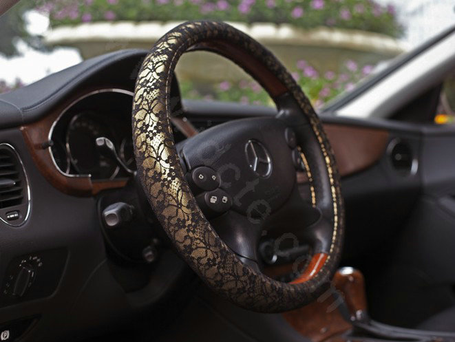 Auto Car Steering Wheel Cover Floral Lace Polyester Diameter 14 inch 36CM - Gold