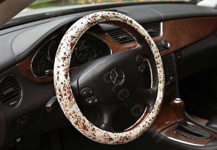 Auto Car Steering Wheel Cover Floral Lace Polyester Diameter 15 inch 38CM - White
