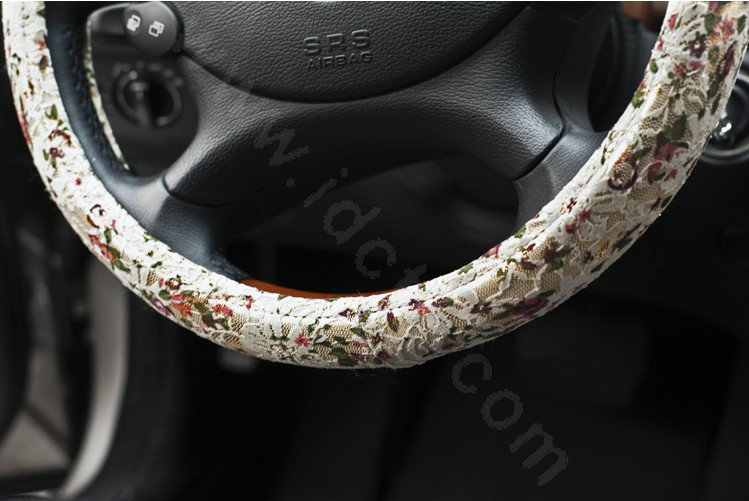 Auto Car Steering Wheel Cover Floral Lace Polyester Diameter 15 inch 38CM - White