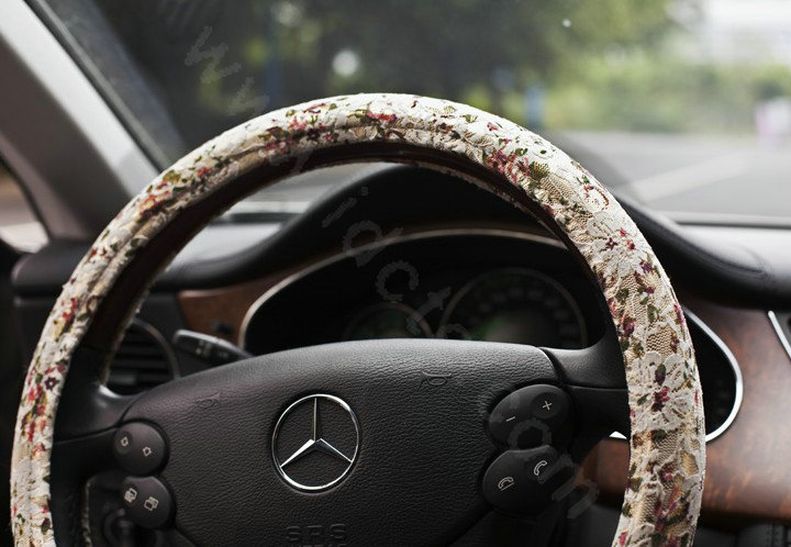 Auto Car Steering Wheel Cover Floral Lace Polyester Diameter 15 inch 38CM - White