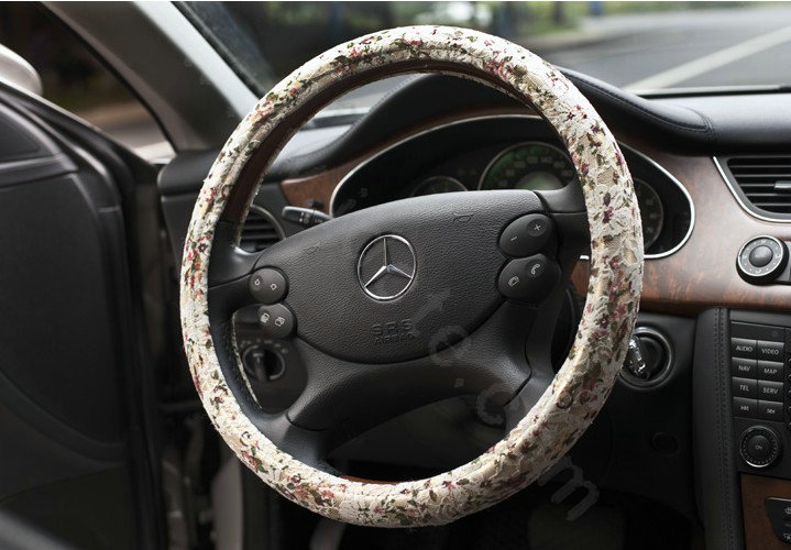 Auto Car Steering Wheel Cover Floral Lace Polyester Diameter 15 inch 38CM - White