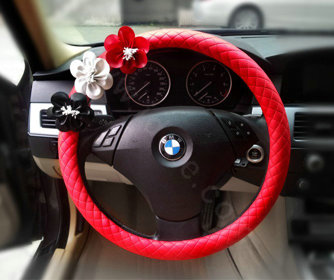Auto Car Steering Wheel Cover Flower Imitation sheepskin Diameter 15 inch 38CM - Red