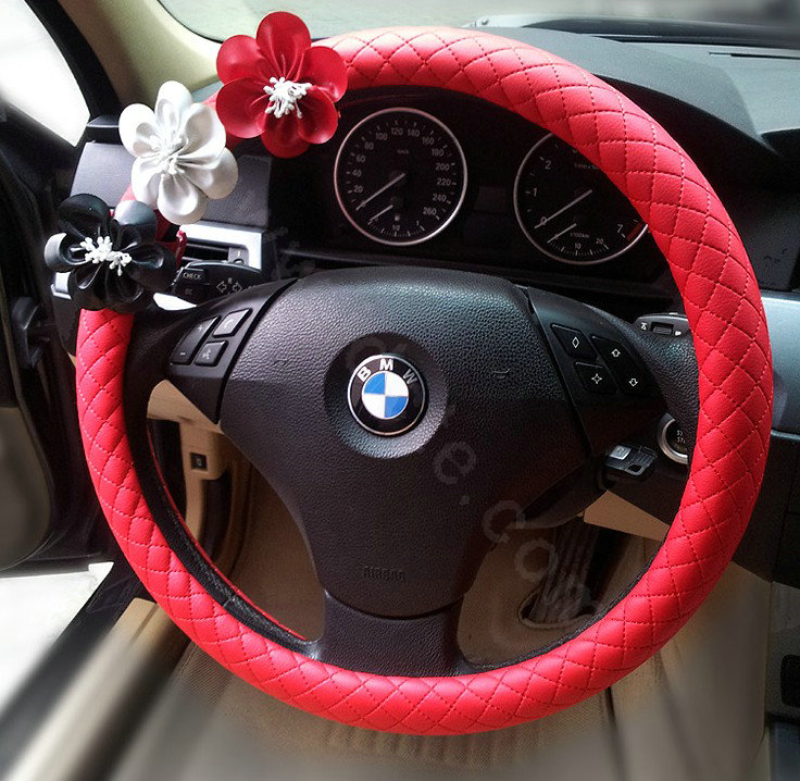 Auto Car Steering Wheel Cover Flower Imitation sheepskin Diameter 15 inch 38CM - Red