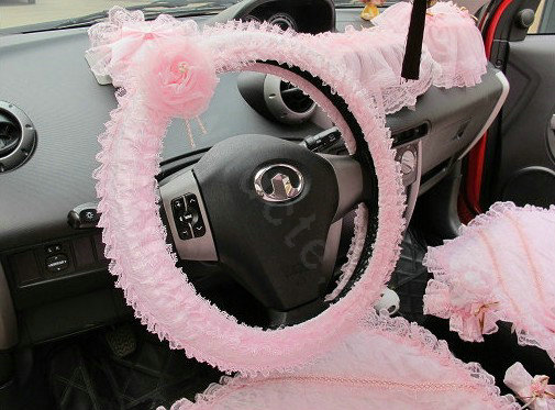 Auto Car Steering Wheel Cover Flower Lace Polyester Diameter 15 inch 38CM - Pink
