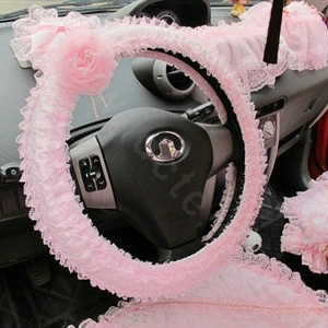 Auto Car Steering Wheel Cover Flower Lace Polyester Diameter 15 inch 38CM - Pink