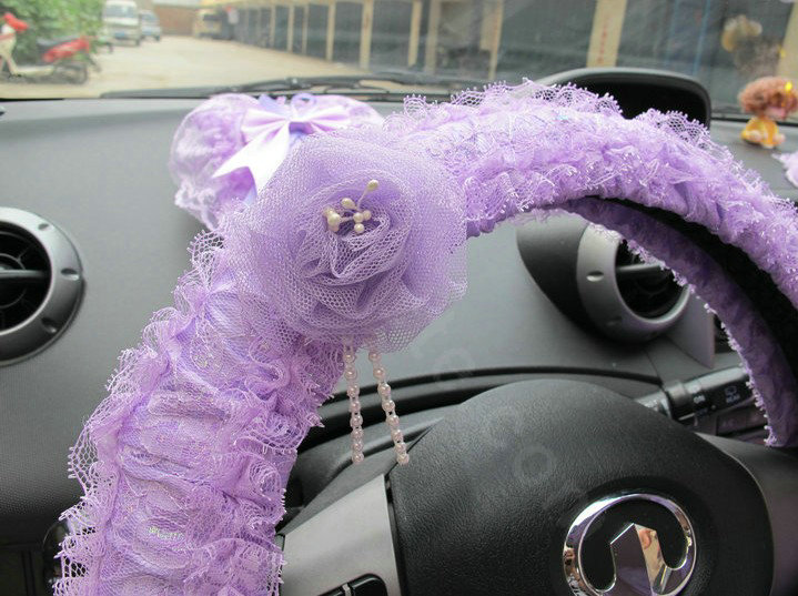 Auto Car Steering Wheel Cover Flower Lace Polyester Diameter 15 inch 38CM - Purple