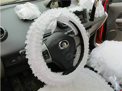 Auto Car Steering Wheel Cover Flower Lace Polyester Diameter 15 inch 38CM - White