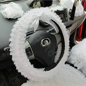 Auto Car Steering Wheel Cover Flower Lace Polyester Diameter 15 inch 38CM - White