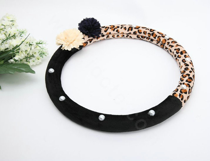 Auto Car Steering Wheel Cover Flower Leopard Velveteen Diameter 15 inch 38CM - Brown Black