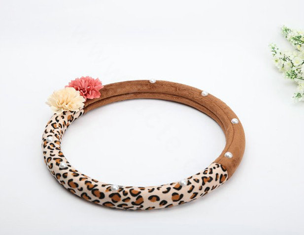 Auto Car Steering Wheel Cover Flower Leopard Velveteen Diameter 15 inch 38CM - Brown Coffee