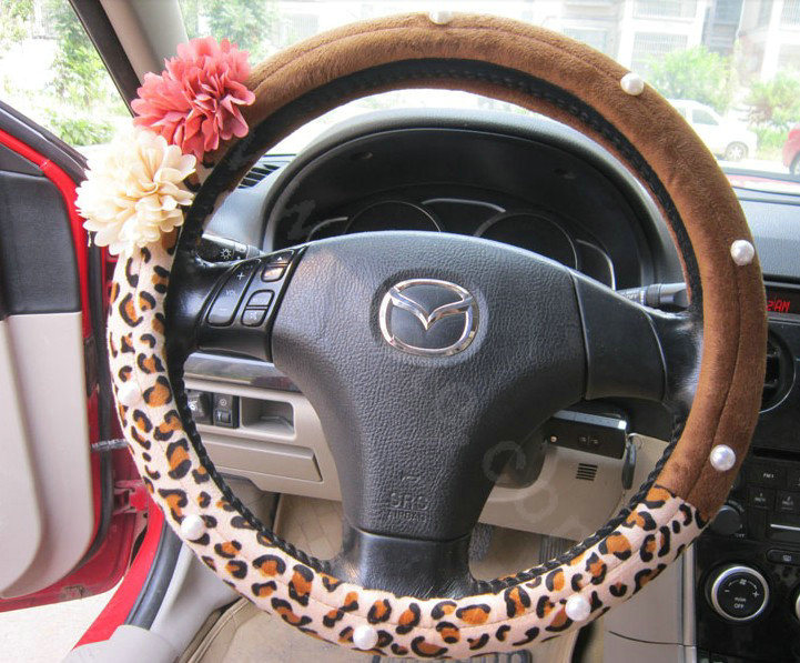 Auto Car Steering Wheel Cover Flower Leopard Velveteen Diameter 15 inch 38CM - Brown Coffee