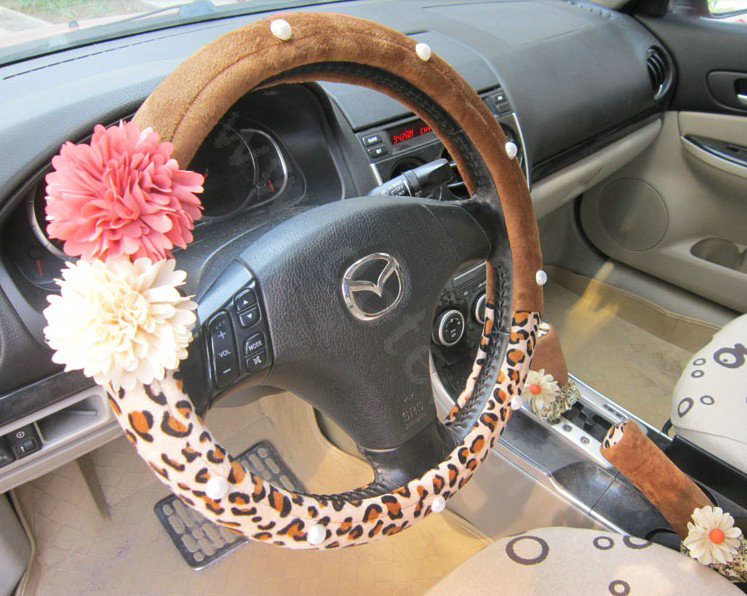 Auto Car Steering Wheel Cover Flower Leopard Velveteen Diameter 15 inch 38CM - Brown Coffee