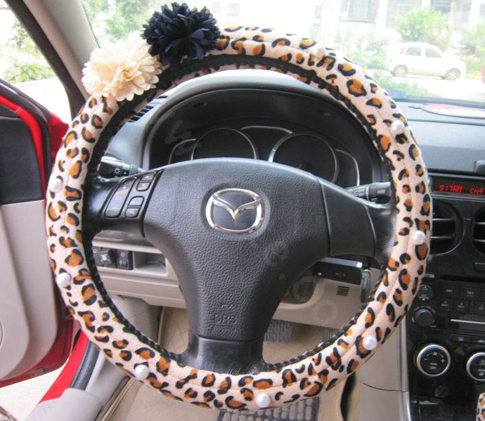 Auto Car Steering Wheel Cover Flower Leopard Velveteen Diameter 15 inch 38CM - Brown