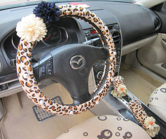 Auto Car Steering Wheel Cover Flower Leopard Velveteen Diameter 15 inch 38CM - Brown