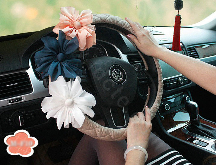 Auto Car Steering Wheel Cover Flower Nylon shioze Diameter 15 inch 38CM - Beige