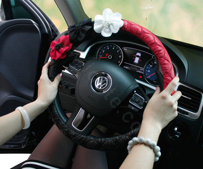Auto Car Steering Wheel Cover Flower Nylon shioze Diameter 15 inch 38CM - Black+Red