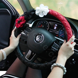 Auto Car Steering Wheel Cover Flower Nylon shioze Diameter 15 inch 38CM - Black+Red