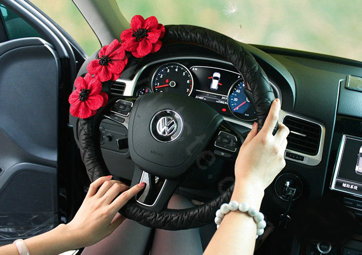 Auto Car Steering Wheel Cover Flower Nylon shioze Diameter 15 inch 38CM - Black