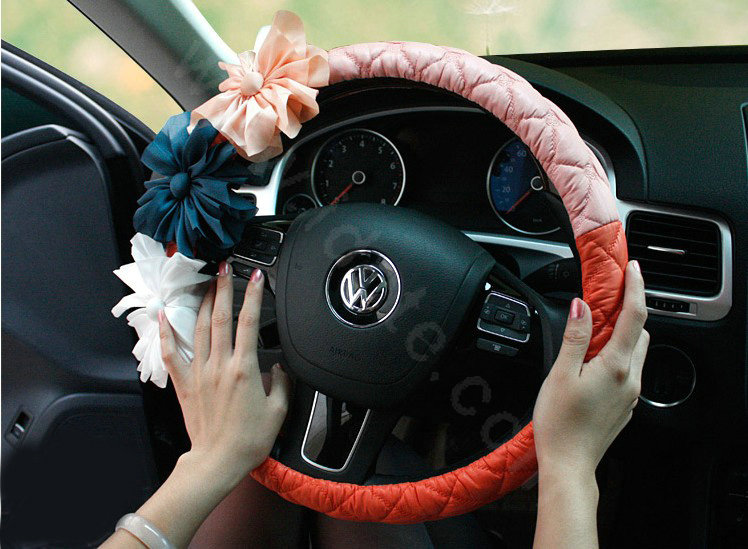 Auto Car Steering Wheel Cover Flower Nylon shioze Diameter 15 inch 38CM - Orange+Pink