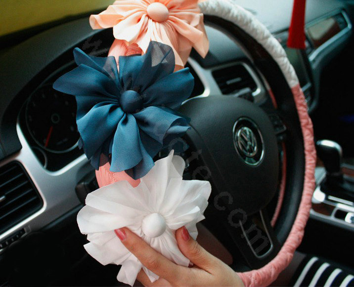 Auto Car Steering Wheel Cover Flower Nylon shioze Diameter 15 inch 38CM - White+Pink