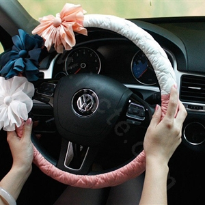 Auto Car Steering Wheel Cover Flower Nylon shioze Diameter 15 inch 38CM - White+Pink