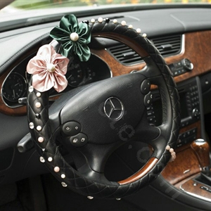 Auto Car Steering Wheel Cover Flower Pearl Cowhide Diameter 16 inch 40CM - Black