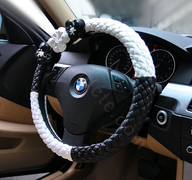 Auto Car Steering Wheel Cover Flower Polyester Diameter 15 inch 38CM - Black White