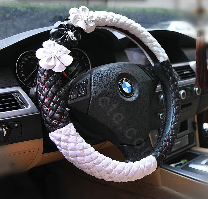 Auto Car Steering Wheel Cover Flower Polyester Diameter 15 inch 38CM - Black White