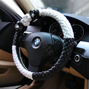 Auto Car Steering Wheel Cover Flower Polyester Diameter 15 inch 38CM - Black White