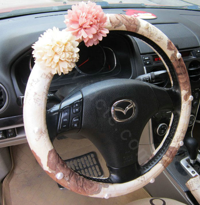 Auto Car Steering Wheel Cover Flower Velveteen Diameter 15 inch 38CM - Beige