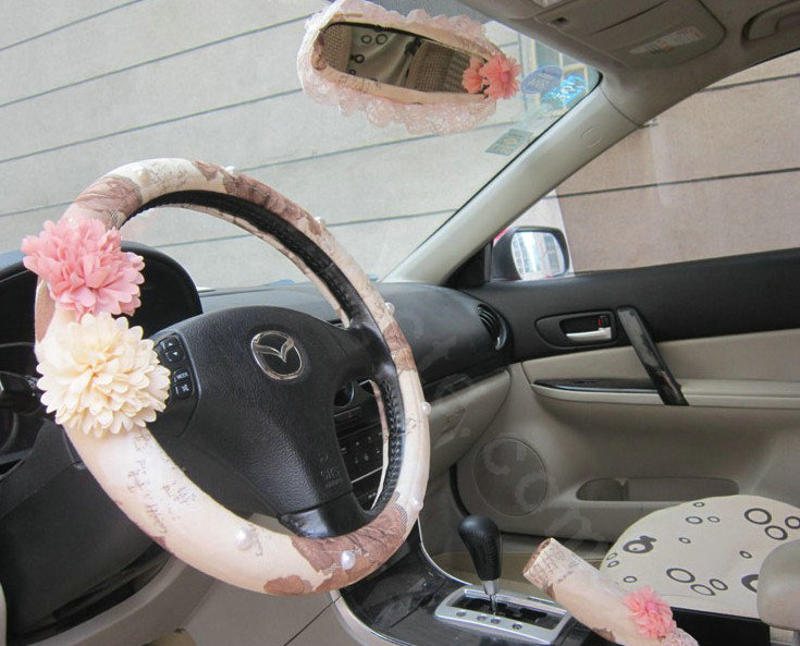 Auto Car Steering Wheel Cover Flower Velveteen Diameter 15 inch 38CM - Beige