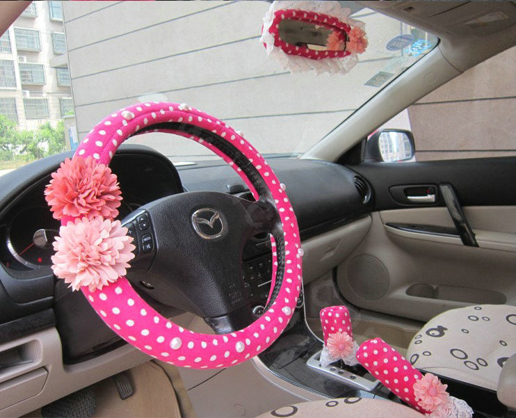 Auto Car Steering Wheel Cover Flower Velveteen Diameter 15 inch 38CM - Rose