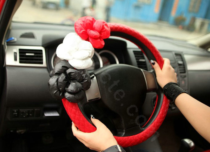 Auto Car Steering Wheel Cover Flower genuine leather Diameter 15 inch 38CM - Red