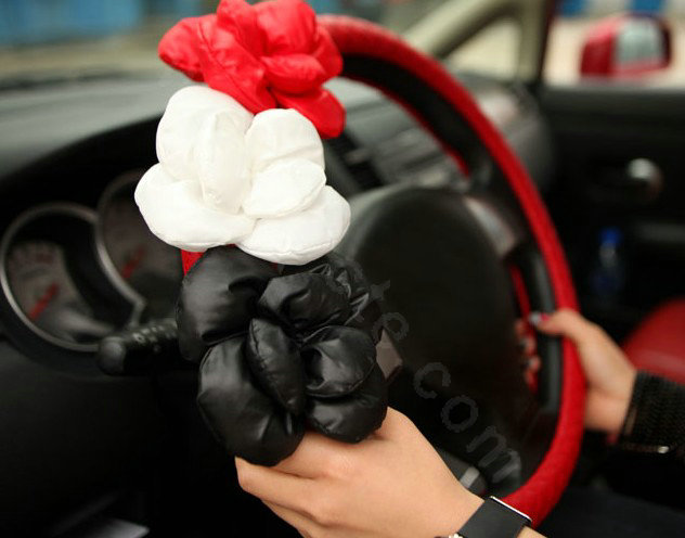Auto Car Steering Wheel Cover Flower genuine leather Diameter 15 inch 38CM - Red