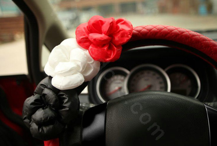 Auto Car Steering Wheel Cover Flower genuine leather Diameter 15 inch 38CM - Red