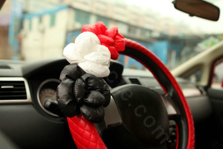 Auto Car Steering Wheel Cover Flower genuine leather Diameter 15 inch 38CM - Red