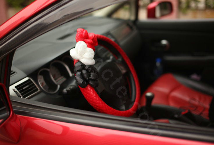 Auto Car Steering Wheel Cover Flower genuine leather Diameter 15 inch 38CM - Red