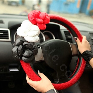 Auto Car Steering Wheel Cover Flower genuine leather Diameter 15 inch 38CM - Red