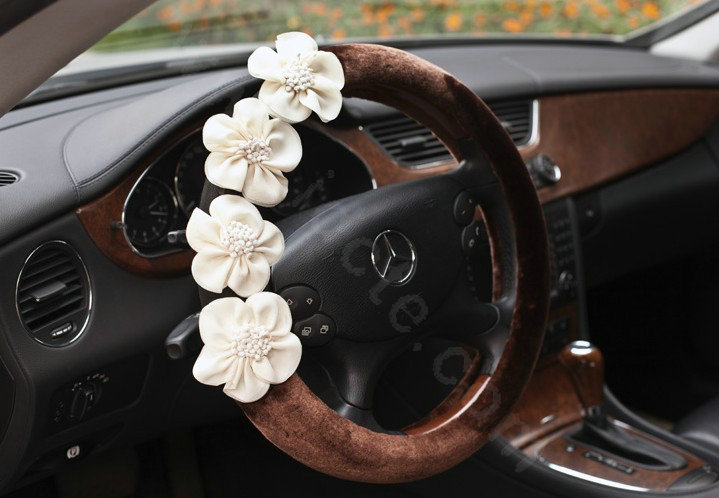 Auto Car Steering Wheel Cover Flowers Woolen Diameter 15 inch 38CM - Coffee