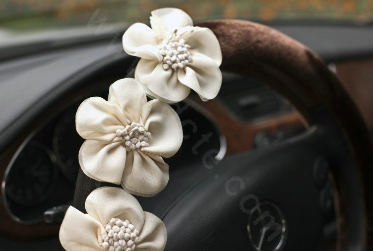 Auto Car Steering Wheel Cover Flowers Woolen Diameter 15 inch 38CM - Coffee