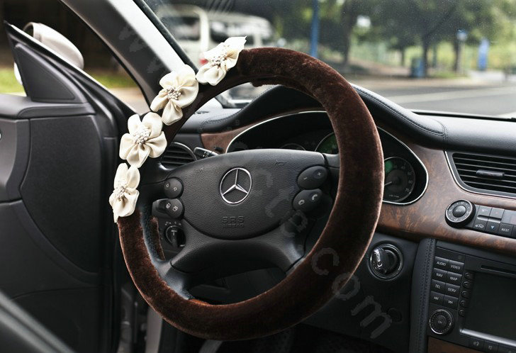 Auto Car Steering Wheel Cover Flowers Woolen Diameter 15 inch 38CM - Coffee