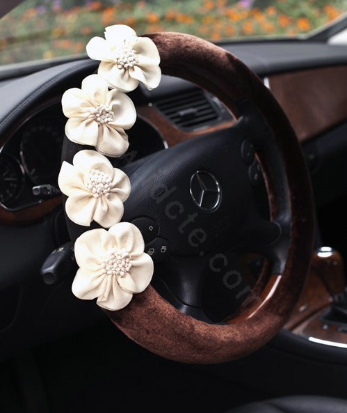 Auto Car Steering Wheel Cover Flowers Woolen Diameter 15 inch 38CM - Coffee