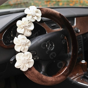 Auto Car Steering Wheel Cover Flowers Woolen Diameter 15 inch 38CM - Coffee
